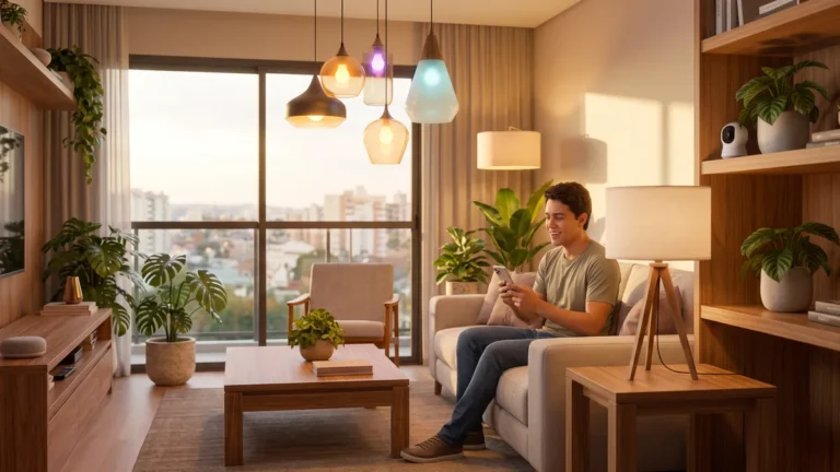 Sala moderna de casa inteligente com caixa de som com assistente de voz, luzes inteligentes e câmera discreta