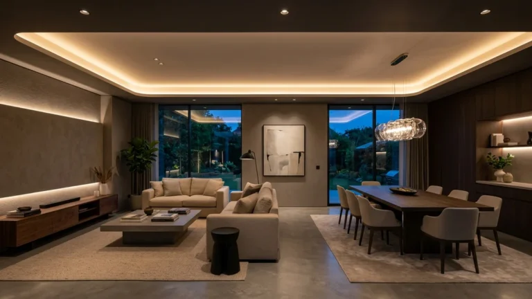 Sala de estar e jantar moderna com iluminação inteligente em camadas, sancas de gesso e luz quente acolhedora