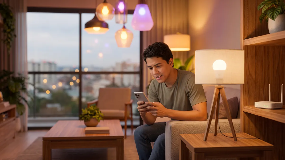 Pessoa no sofá configurando pelo celular uma lâmpada inteligente de abajur, com o roteador Wi-Fi ao fundo