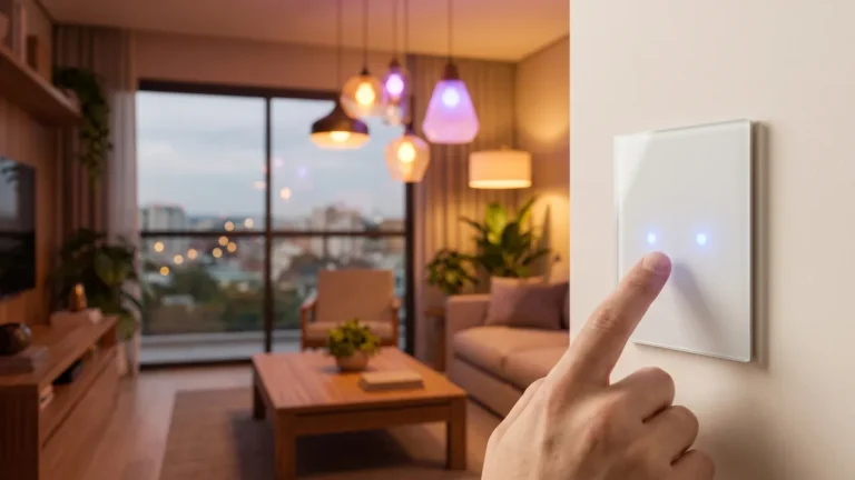 Dedo tocando um interruptor inteligente touch de vidro branco com luzes indicadoras azuis
