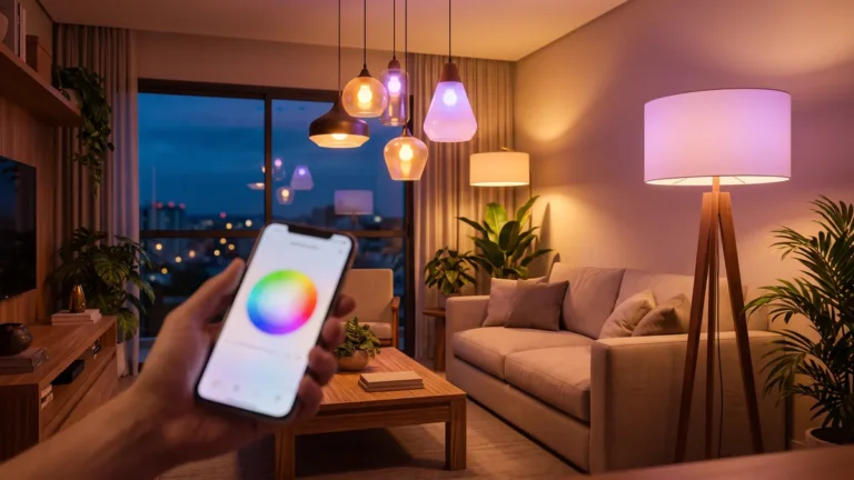 Sala de estar aconchegante iluminada por lâmpadas inteligentes em tons quentes e coloridos, controladas pelo celular
