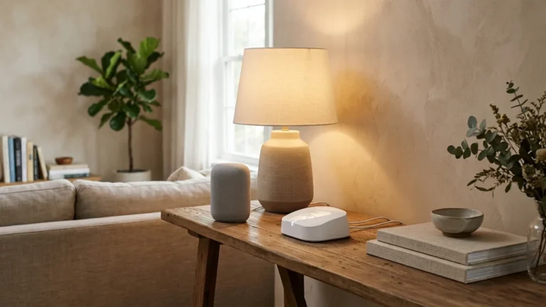 Alexa Não Conecta no Wi-Fi? 5 Passos Infalíveis para Resolver em 2026 7 Caixa de som inteligente e roteador Wi-Fi moderno em aparador de sala com iluminação suave