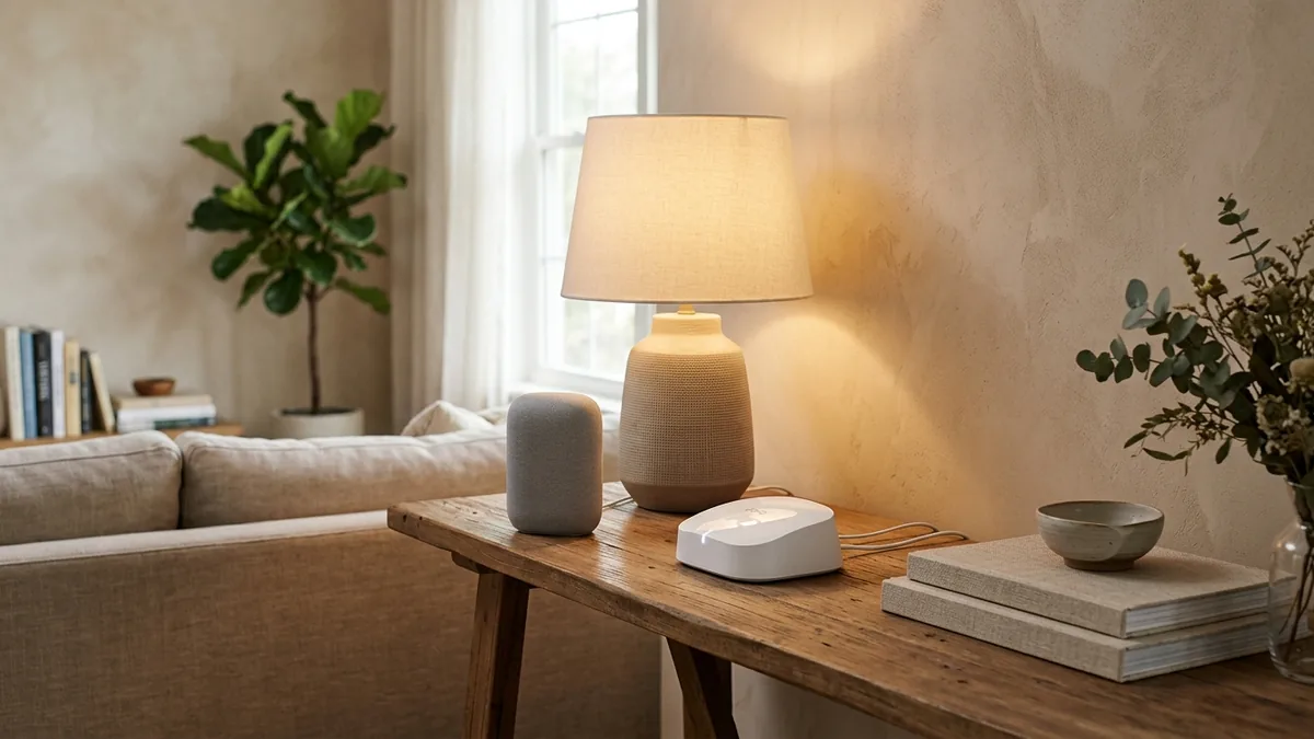 Caixa de som inteligente e roteador Wi-Fi moderno em aparador de sala com iluminação suave
