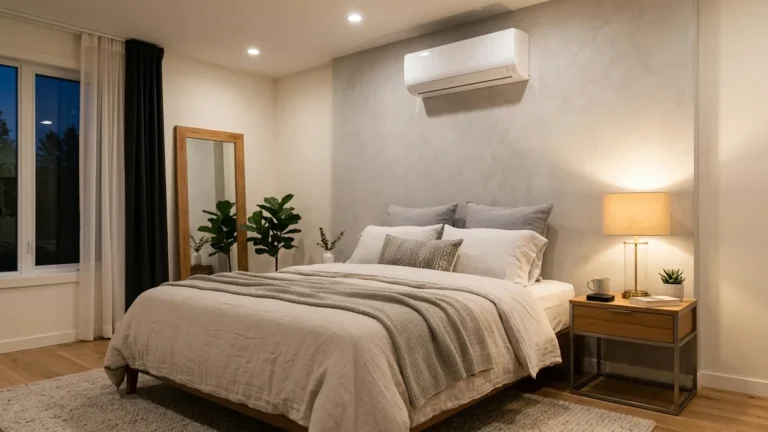 Ar-Condicionado Não Responde à Alexa? 6 Erros Comuns e Como Resolver 4 Ar-condicionado split moderno instalado em quarto aconchegante com controle remoto inteligente infravermelho