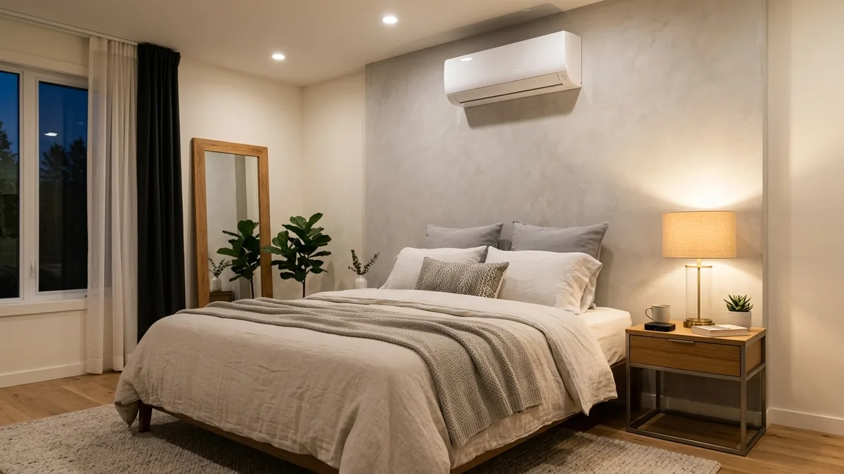Ar-condicionado split moderno instalado em quarto aconchegante com controle remoto inteligente infravermelho