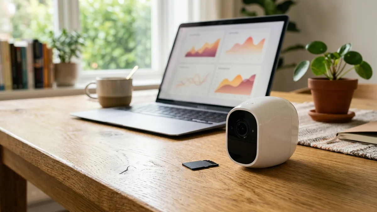 Cartão micro SD ao lado de câmera de segurança Wi-Fi sobre bancada de escritório moderno