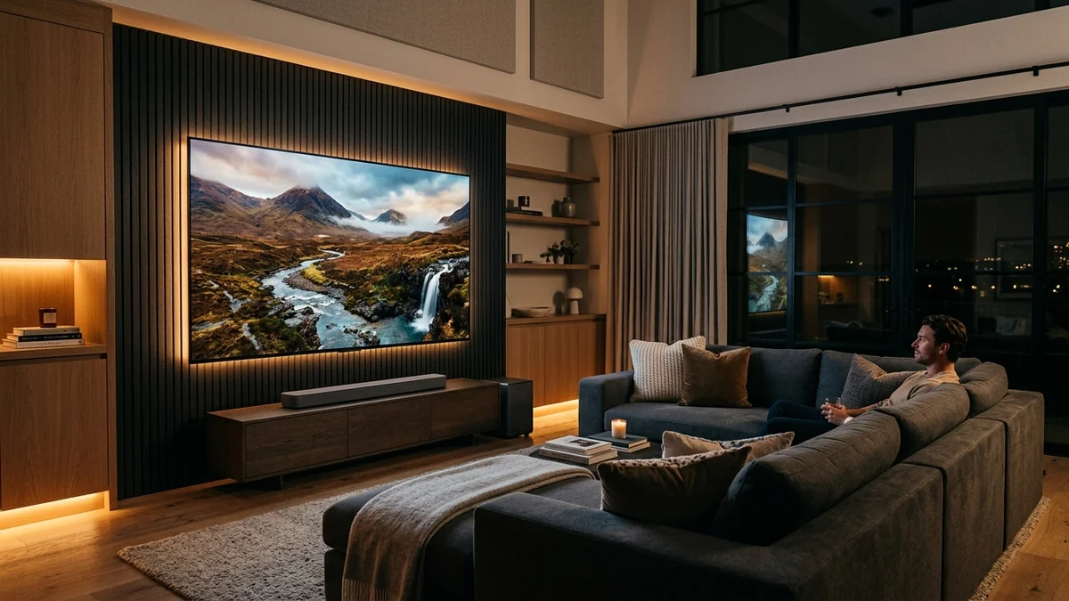 Sala de cinema em casa inteligente sofisticada com TV 4K, soundbar e iluminação indireta aconchegante