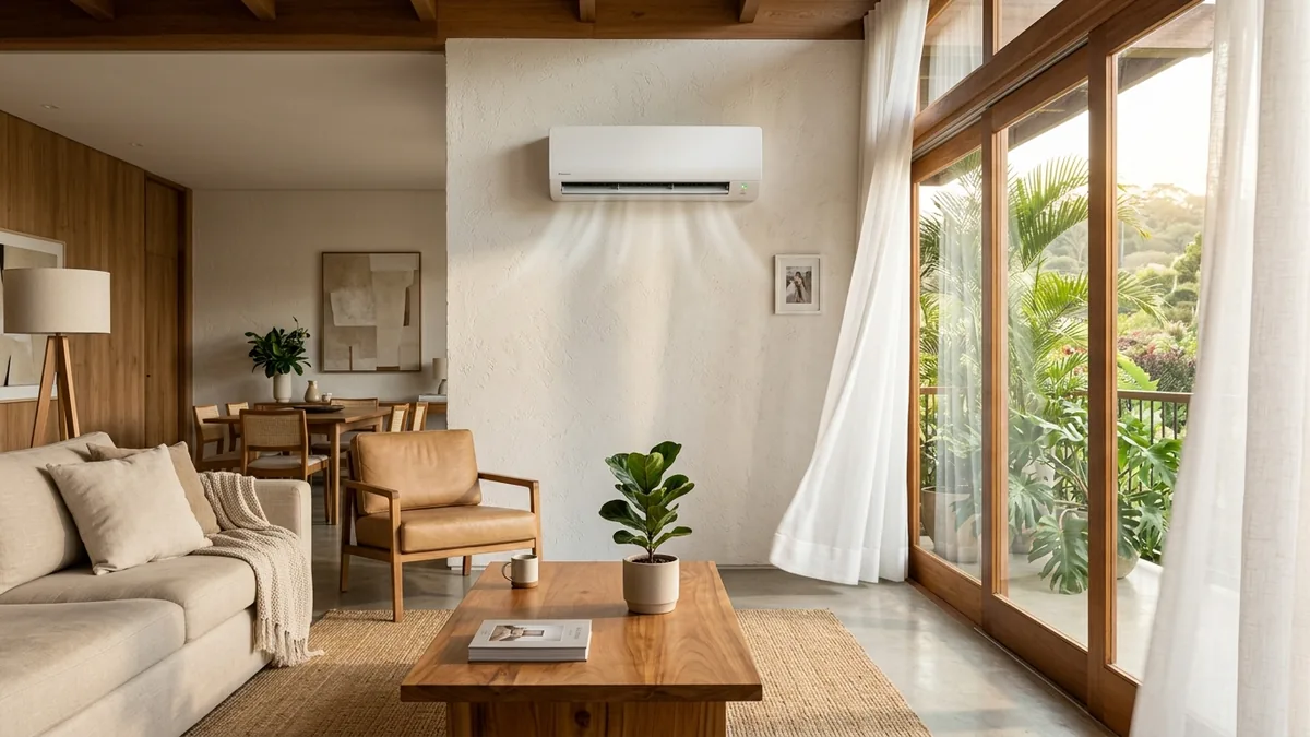 Ambiente moderno e climatizado com ar-condicionado split em sala contemporânea com iluminação suave