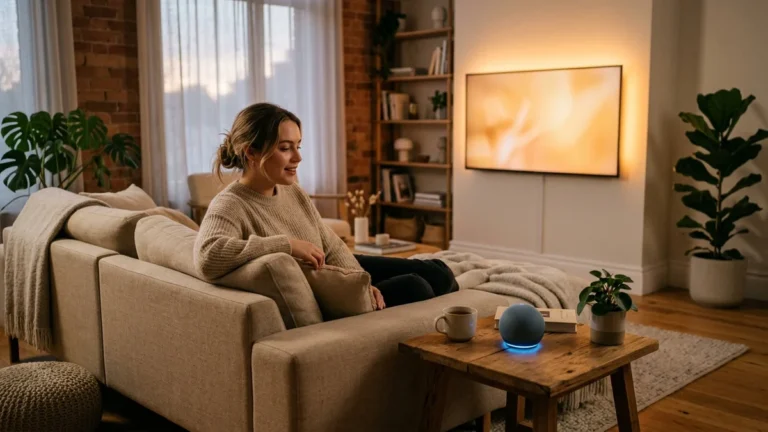Pessoa em sala moderna interagindo com assistente de voz Alexa enquanto a televisão liga suavemente ao fundo