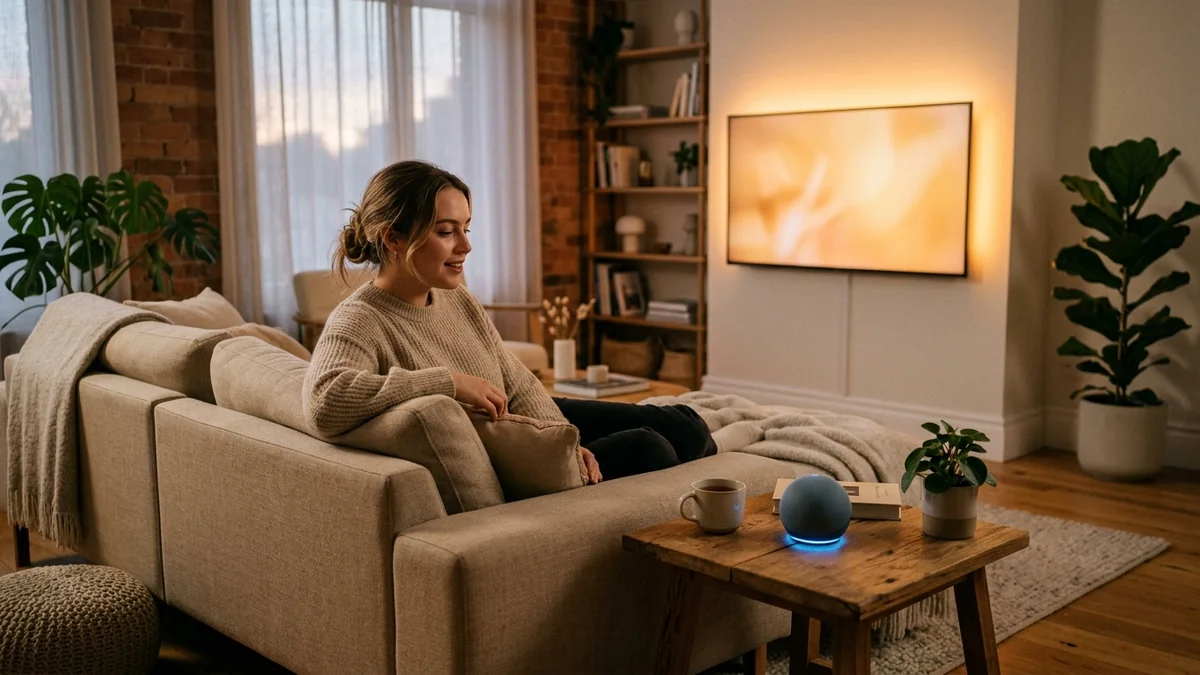 Pessoa em sala moderna interagindo com assistente de voz Alexa enquanto a televisão liga suavemente ao fundo