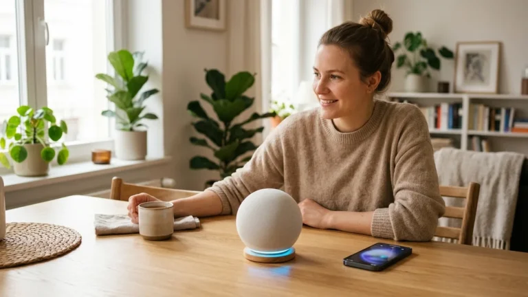 Como Configurar o Echo do Zero: Passo a Passo para Iniciantes (2026) 9 Pessoa em mesa de madeira abrindo e configurando caixa de som inteligente com smartphone ao lado
