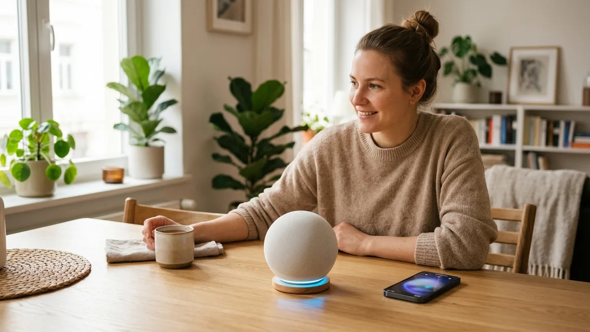 Pessoa em mesa de madeira abrindo e configurando caixa de som inteligente com smartphone ao lado