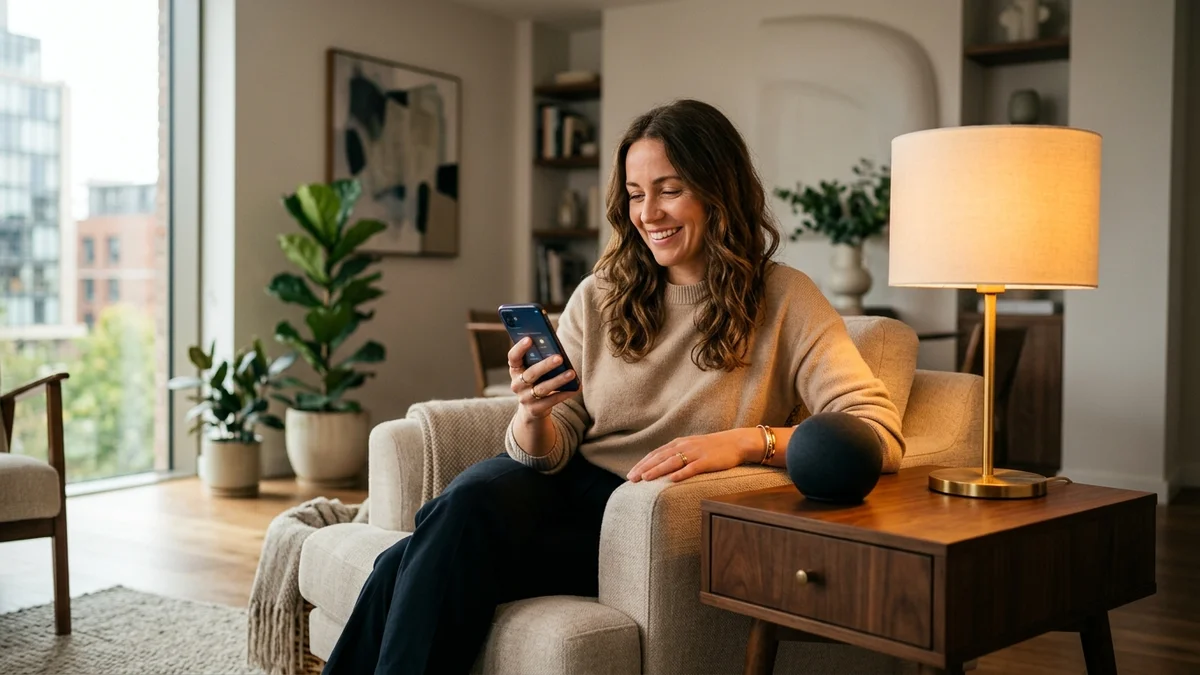 Pessoa em sala moderna segurando smartphone ao lado de caixa de som inteligente e luminária acesa