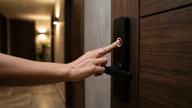Fechadura Digital é Segura? 6 Mitos, Riscos Reais e Como Evitar Invasões em 2026 12 Dedo destravando leitor biométrico de fechadura digital em porta elegante de madeira escura