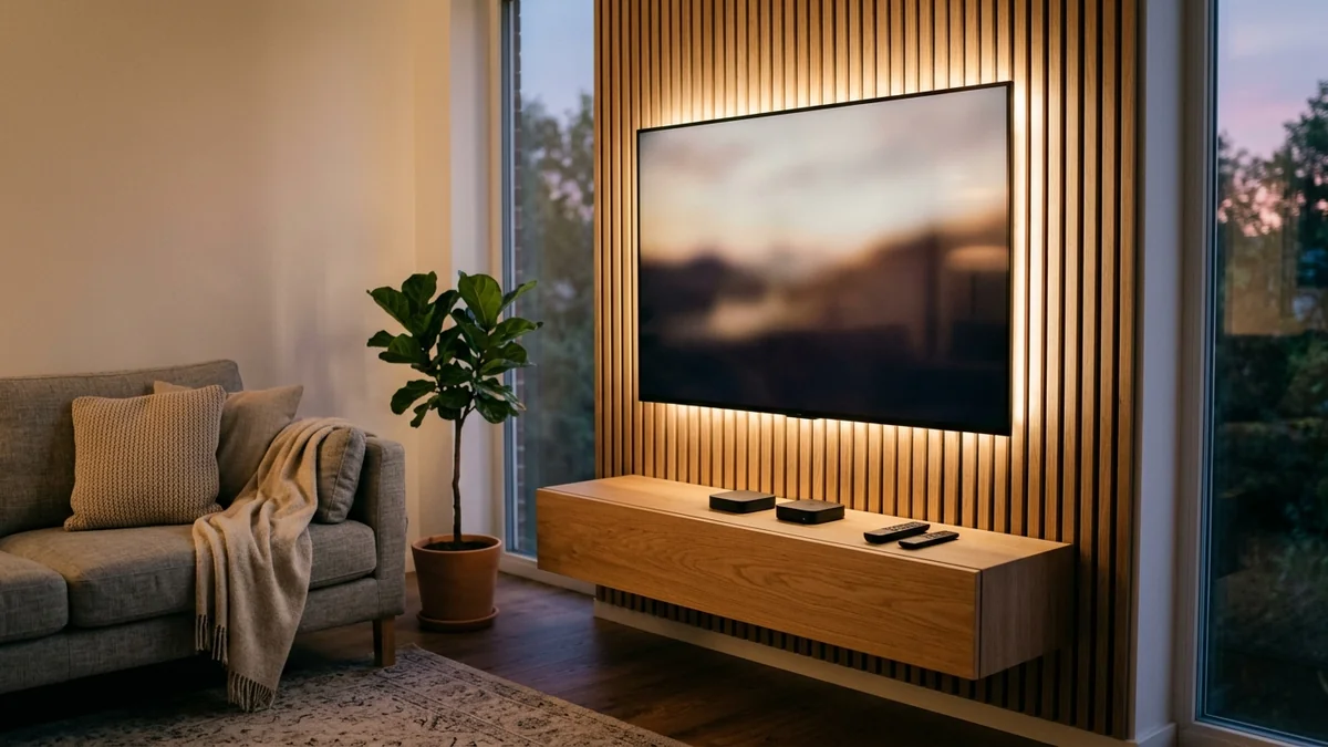 Smart TV moderna em painel ripado de madeira com aparelhos de streaming e controles remotos sobre móvel elegante