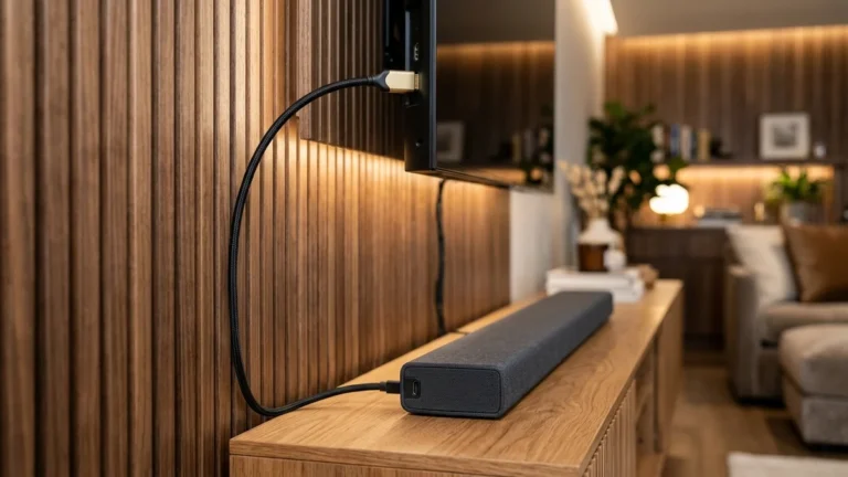 Cabo HDMI premium de alta velocidade conectado entre Smart TV e soundbar elegante em painel ripado de madeira