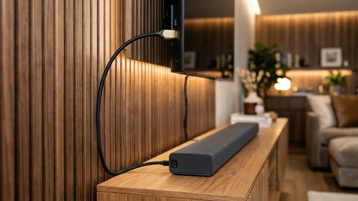Cabo HDMI premium de alta velocidade conectado entre Smart TV e soundbar elegante em painel ripado de madeira