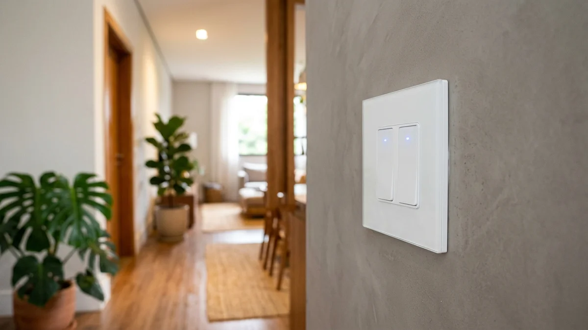 Interruptor inteligente touch moderno instalado em parede clara com iluminação elegante