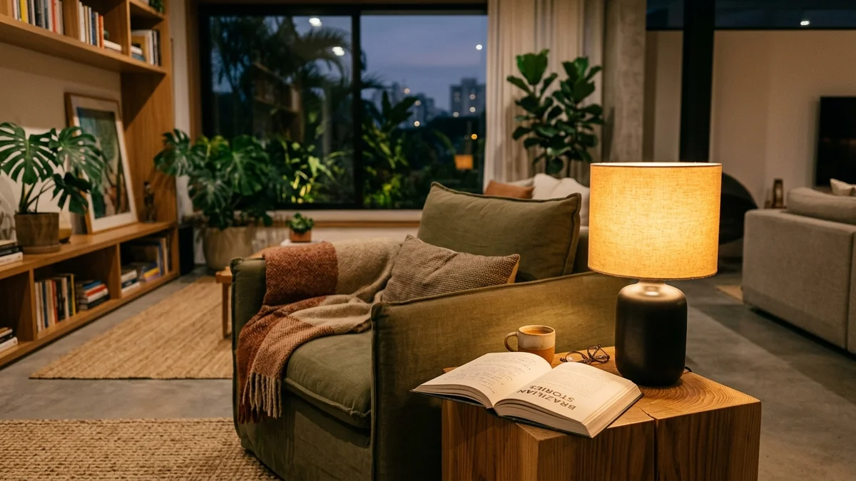 Lâmpada inteligente LED eficiente iluminando ambiente aconchegante com foco em economia