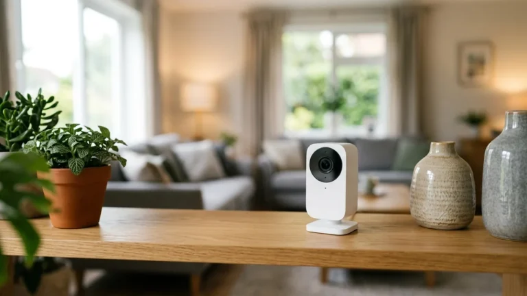 Melhor Câmera de Segurança Wi-Fi Interna em 2026: 5 Opções Comparadas 4 Câmera de segurança Wi-Fi interna branca e discreta em aparador de sala com plantas decorativas