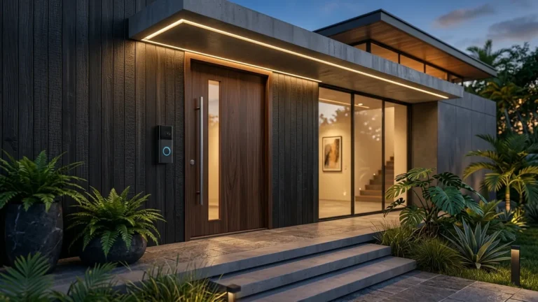 Campainha inteligente com vídeo e câmera instalada ao lado da porta principal de entrada de casa contemporânea