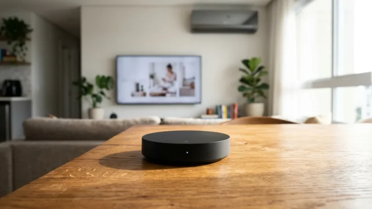 Melhor Controle Remoto Universal Inteligente Infravermelho em 2026 9 Dispositivo de controle remoto inteligente infravermelho compacto sobre mesa de centro elegante