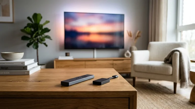 Dispositivo de streaming e controle remoto moderno sobre bancada de madeira em sala de estar contemporânea