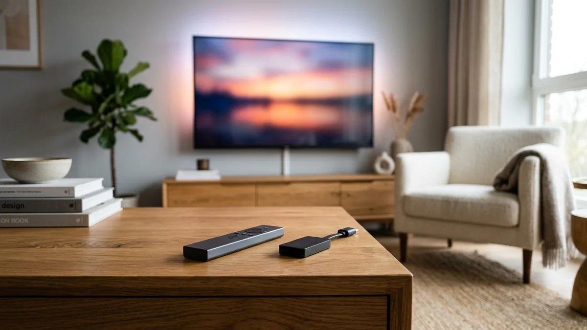 Dispositivo de streaming e controle remoto moderno sobre bancada de madeira em sala de estar contemporânea