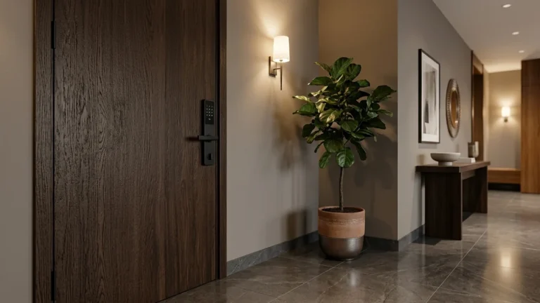 Porta de madeira escura com fechadura digital de sobrepor moderna em hall de entrada de apartamento