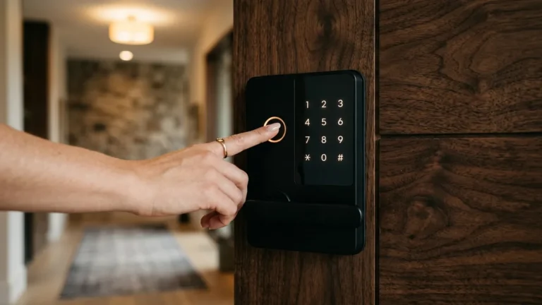 Melhor Fechadura Digital Wi-Fi em 2026: Biometria, Senha e App 3 Dedo tocando sensor biométrico de fechadura digital inteligente instalada em porta de madeira maciça