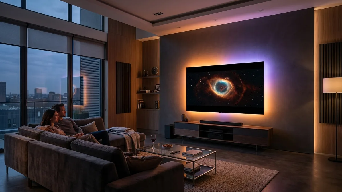 Televisão moderna com iluminação traseira LED inteligente sincronizada estilo ambilight em sala de cinema