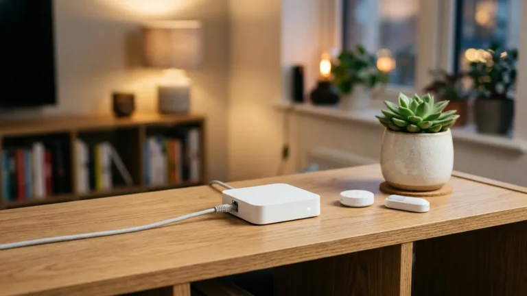 Melhor Hub Zigbee em 2026: O Que É e Quais Valem a Pena no Brasil 6 Hub central Zigbee compacto conectado em rack moderno de sala com sensores inteligentes discretos
