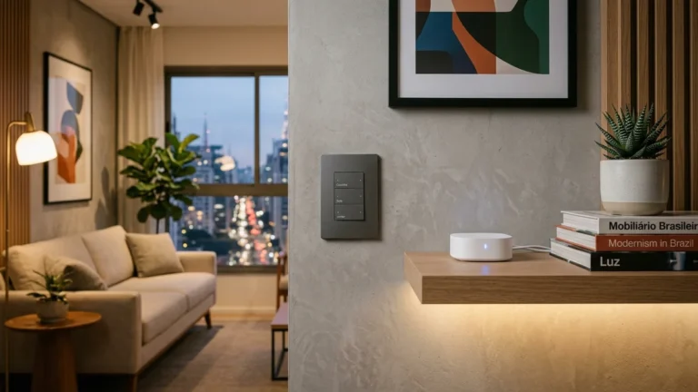 Interruptor inteligente Zigbee e hub central discreto em ambiente residencial moderno