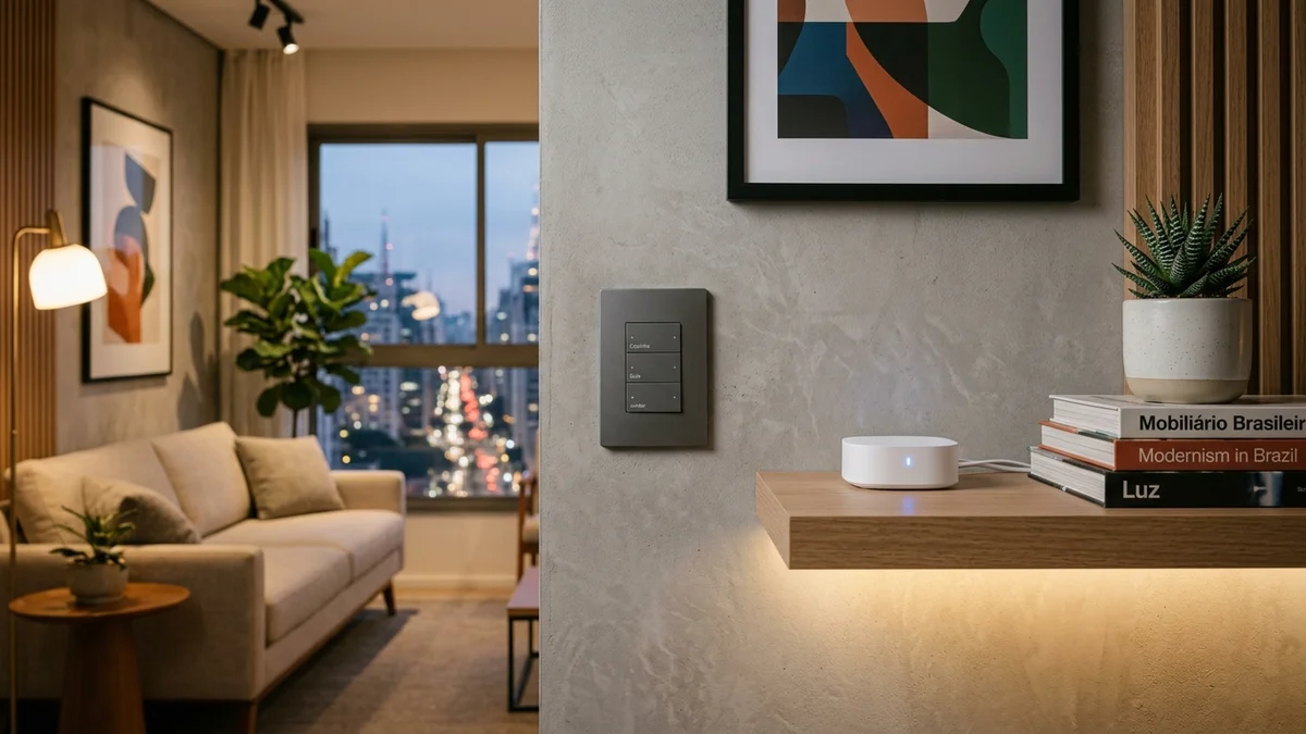 Interruptor inteligente Zigbee e hub central discreto em ambiente residencial moderno