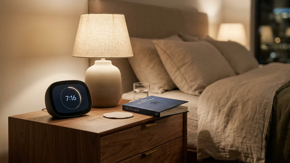 Tela inteligente compacta para mesa de cabeceira em quarto moderno com abajur e iluminação acolhedora