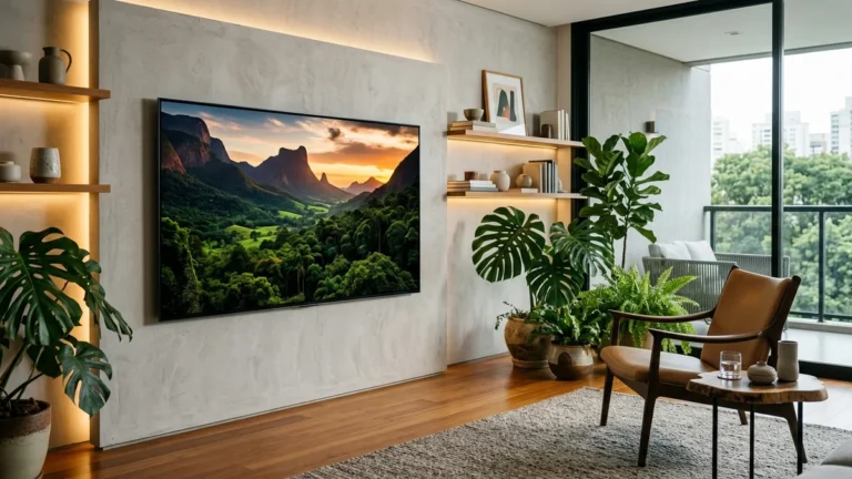 Smart TV 4K ultrafina de alta definição instalada em painel moderno com iluminação suave em sala de estar