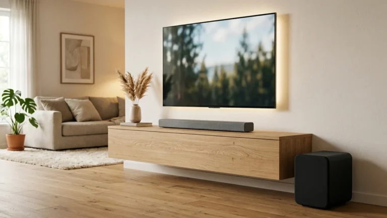 Soundbar elegante e subwoofer sem fio integrados a televisor moderno em sala de estar aconchegante
