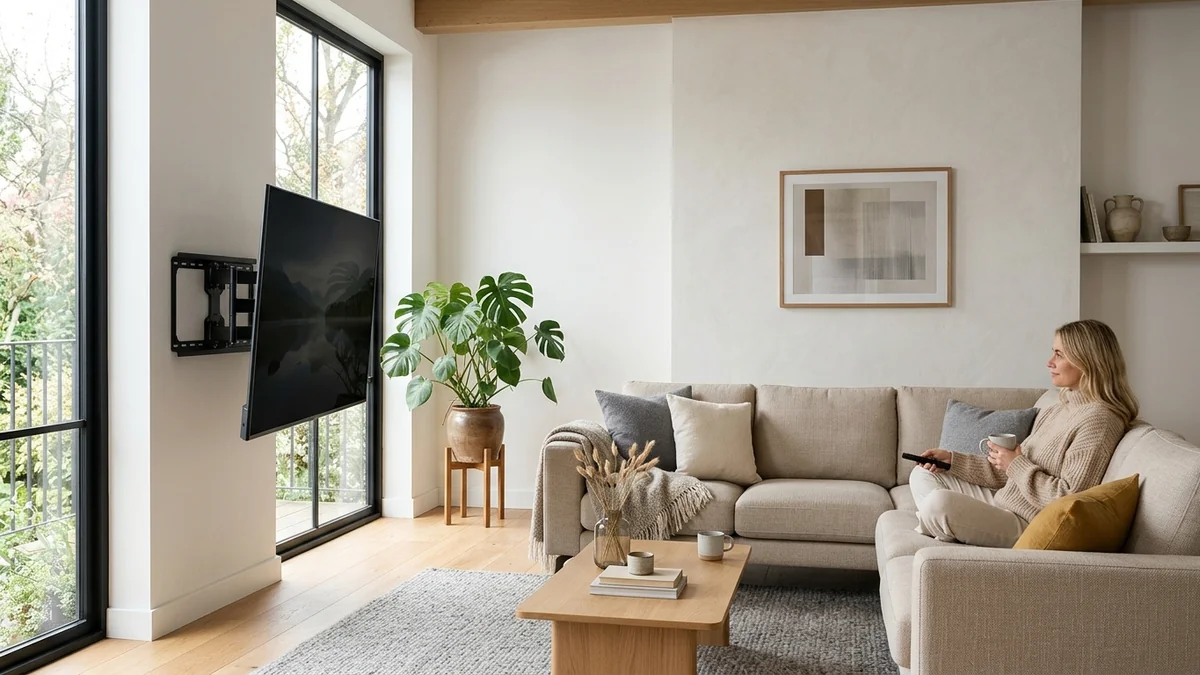 Smart TV de 65 polegadas instalada em suporte articulado de parede direcionada para sofá em sala de estar moderna