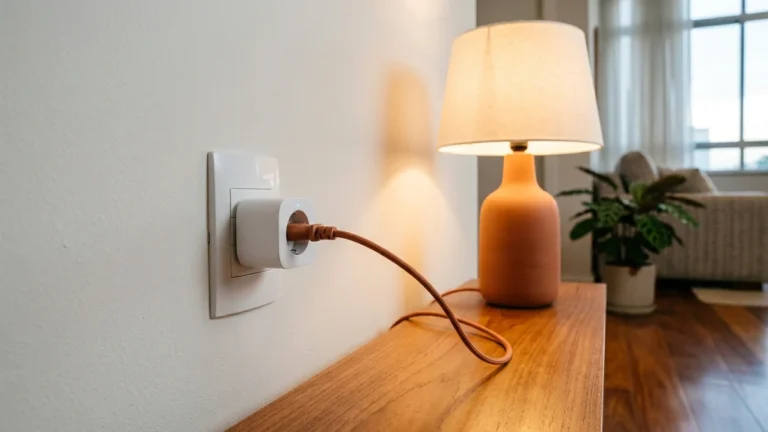 Tomada inteligente Wi-Fi conectada na parede de sala moderna com luz indicadora sutil
