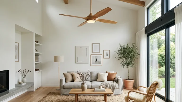 Melhor Ventilador de Teto Inteligente com Controle Remoto e Alexa em 2026 3 Ventilador de teto inteligente com pás de madeira e iluminação LED integrada em sala de estar escandinava