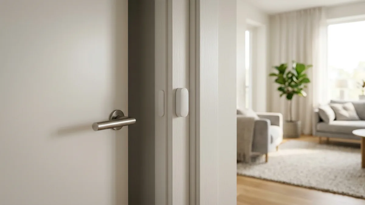 Sensor de abertura de porta inteligente sem fios instalado no batente de porta residencial