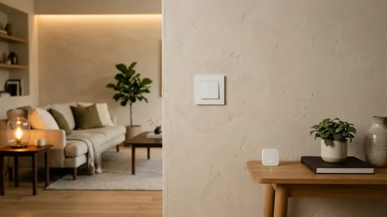 Interruptor elegante de parede em sala moderna com mini módulo relé inteligente ao lado