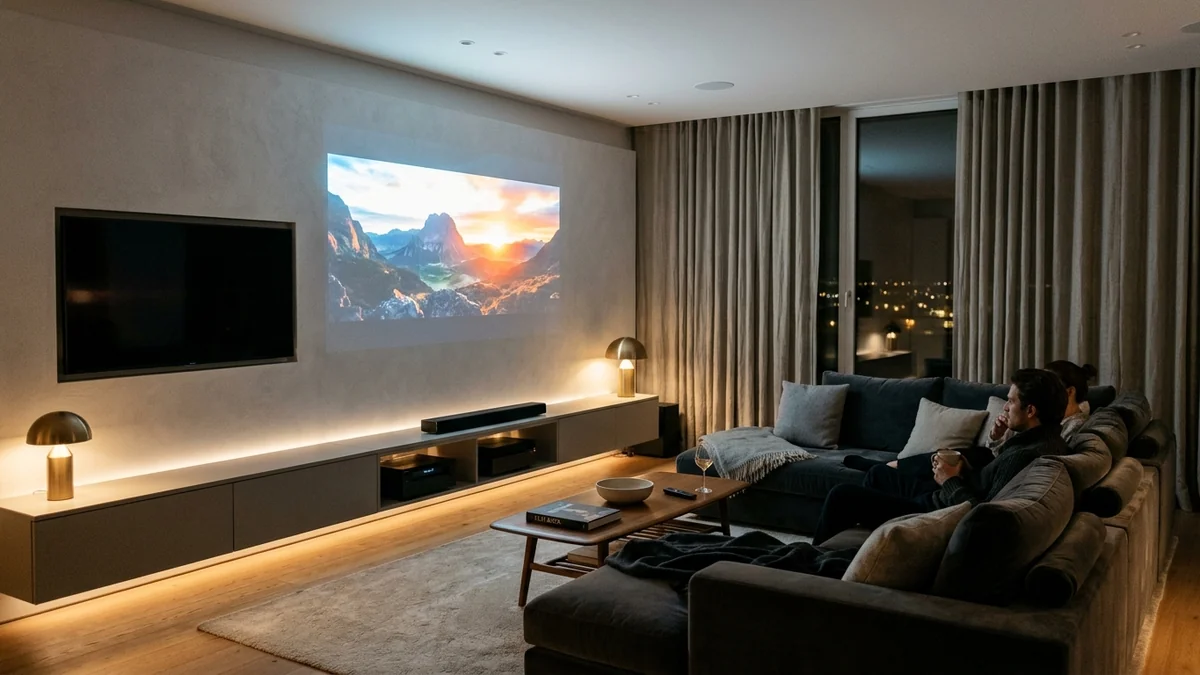 Sala de cinema contemporânea com projeção cinematográfica na parede ao lado de Smart TV em ambiente aconchegante
