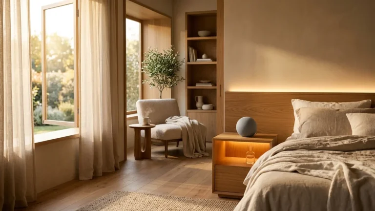 Rotinas da Alexa: 10 Automações Prontas para Copiar em 2026 10 Quarto e sala contemporâneos integrados com iluminação inteligente suave e caixa de som em rotina matinal acolhedora