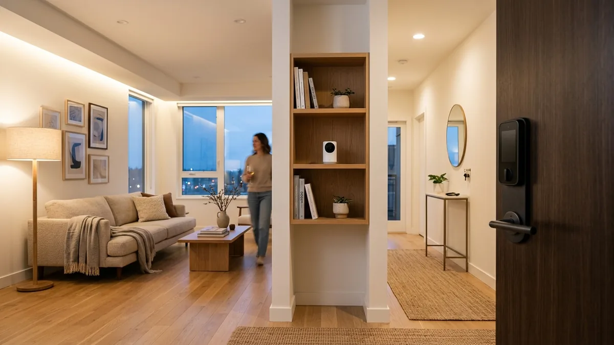 Entrada de casa inteligente moderna com fechadura digital na porta e câmera discreta na estante ao entardecer