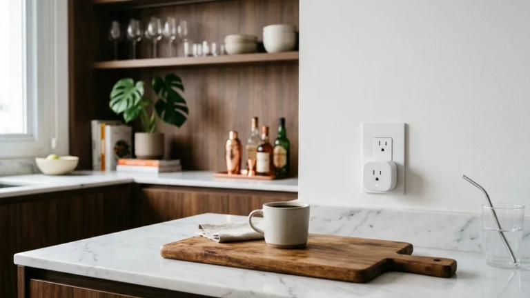 Adaptador de tomada inteligente conectado em tomada de bancada em cozinha moderna residencial