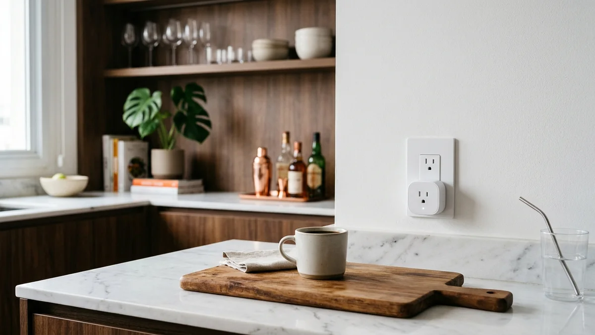 Adaptador de tomada inteligente conectado em tomada de bancada em cozinha moderna residencial