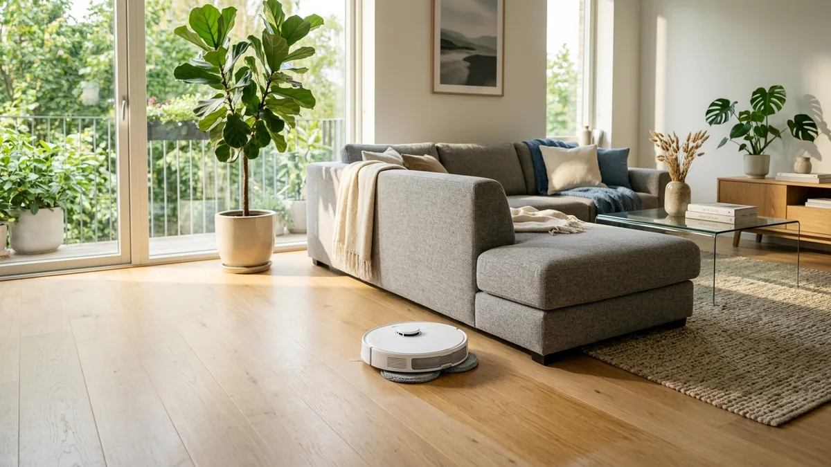 Robô aspirador de pó inteligente passando pano em piso de madeira clara de sala de estar moderna