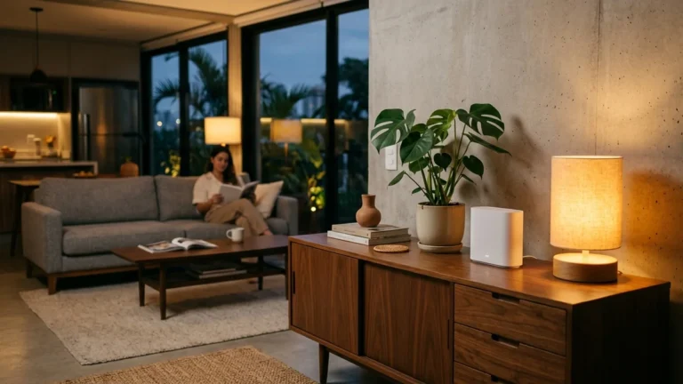 Roteador moderno discreto em móvel de sala com iluminação suave conectando dispositivos inteligentes