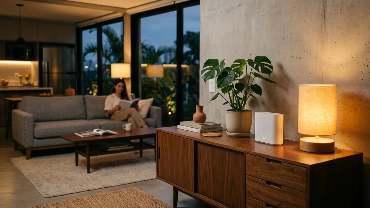 Roteador moderno discreto em móvel de sala com iluminação suave conectando dispositivos inteligentes